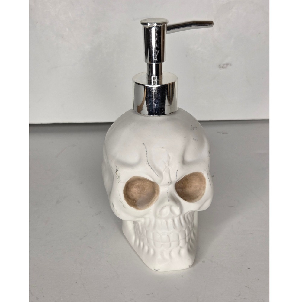 Matte White Ceramic Skull Soap Pump Dispenser Gothic Halloween Decor
